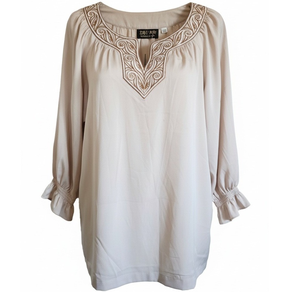 Bob Mackie Wearable Art 1X Vintage Embellished Tunic Peasant Top Beige Silky NWT